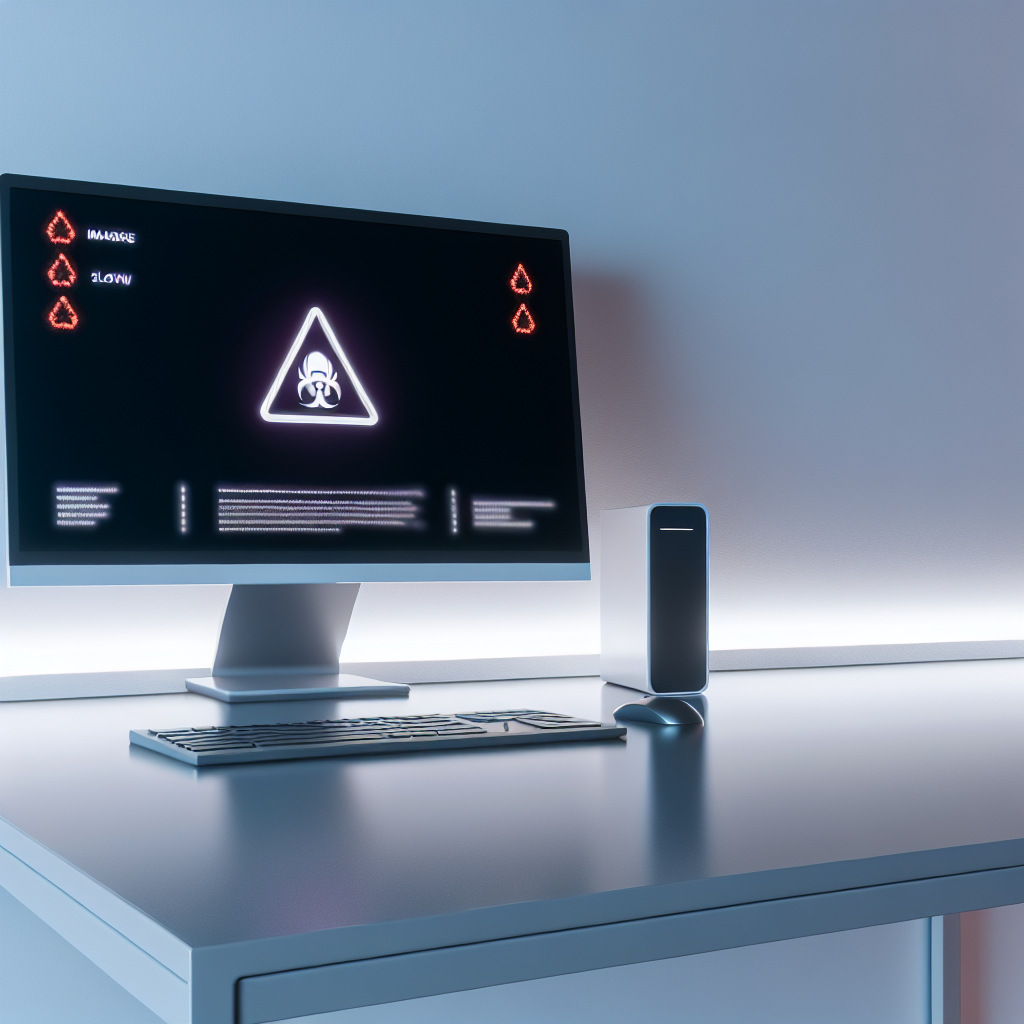Illustration of a Windows PC with malware warning and slow performance indicators